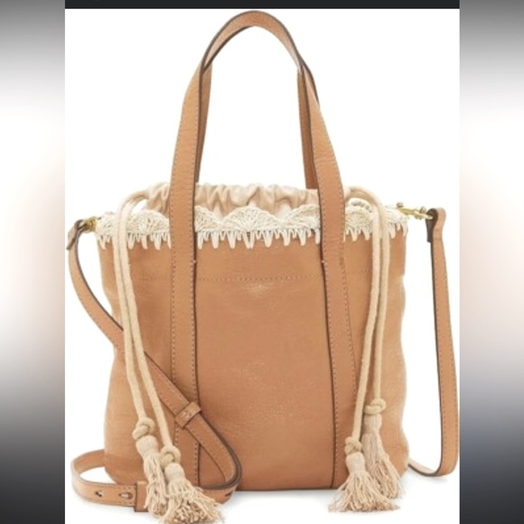 LUCKY BRAND Letoni Leather 2/1 Satchel with Macrame Crochet Trim Boho Chic NWT - Picture 1 of 12
